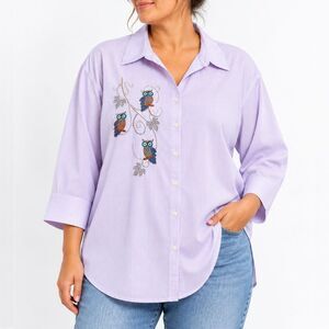 Tia Designs Women's 1X Lavender Stripe Owl Embroidered Button Front Blouse Plus